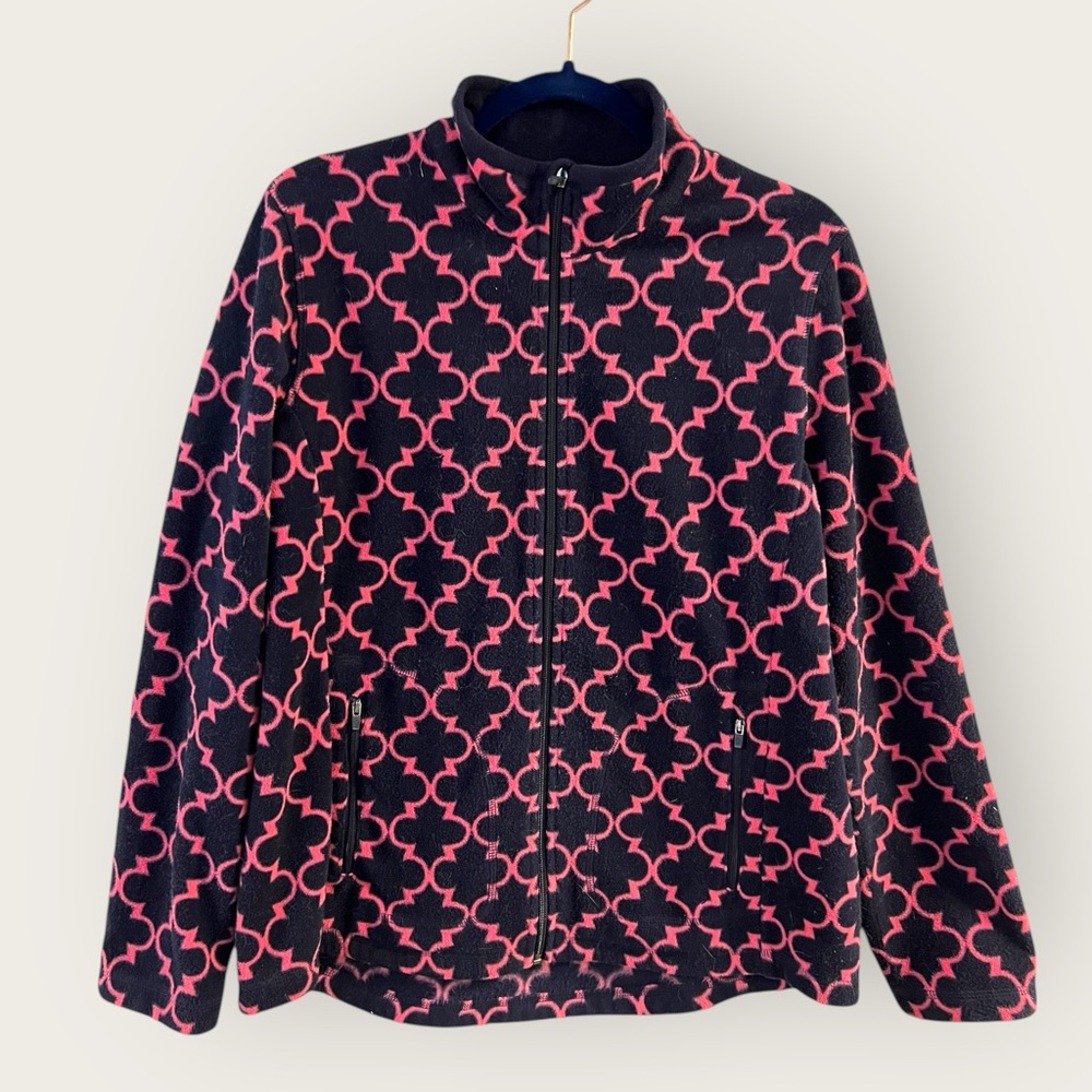 Chico's Black and Pink Patterned Fleece Jacket